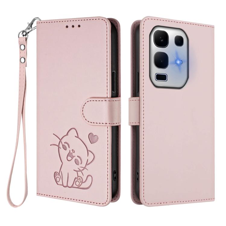 For Infinix Note 50X 5G Embossed Heart Cat Leather Phone Case with Hand Strap