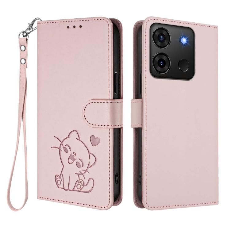 For Infinix Smart 7 Plus / 7 HD Embossed Heart Cat Leather Phone Case with Hand Strap