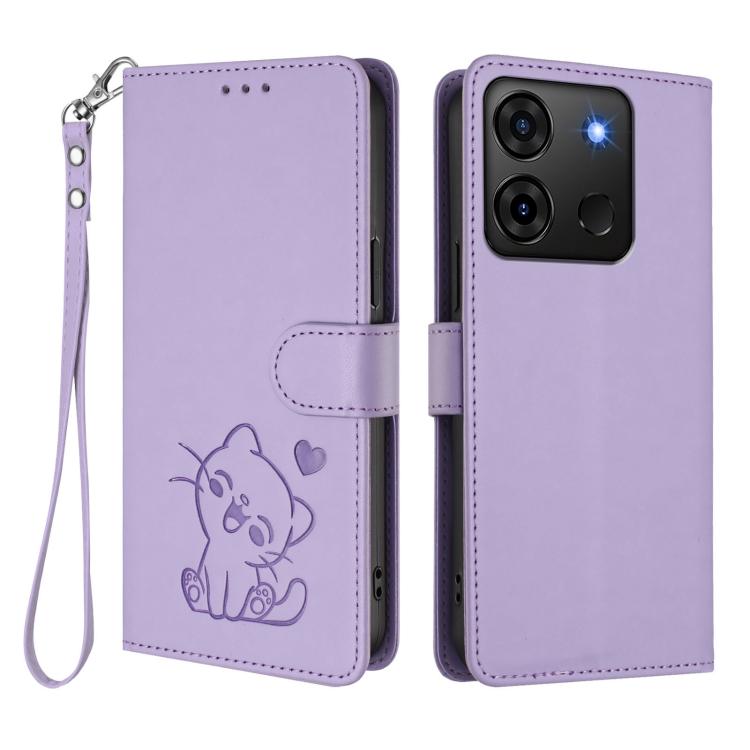 For Infinix Smart 7 Plus / 7 HD Embossed Heart Cat Leather Phone Case with Hand Strap