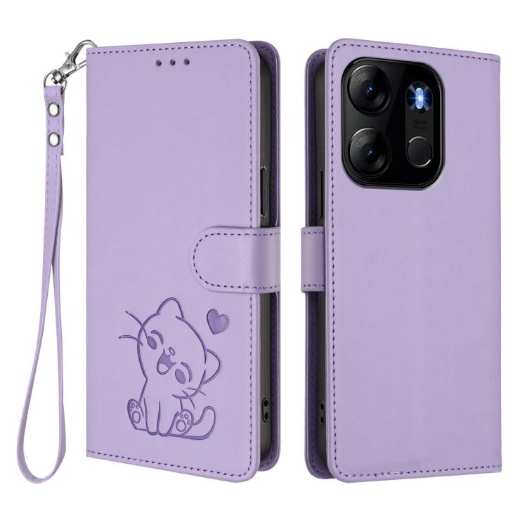 For Infinix Smart 7 Global Embossed Heart Cat Leather Phone Case with Hand Strap