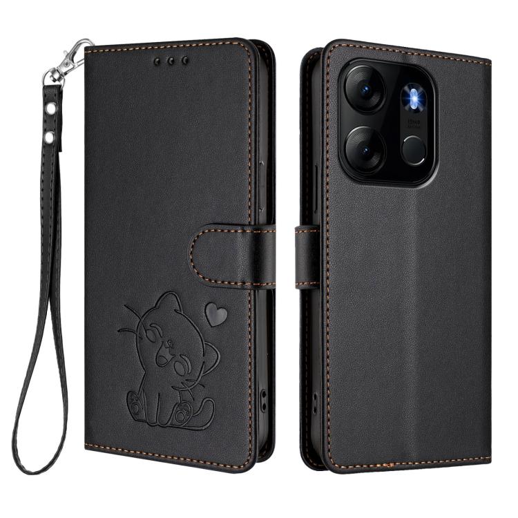 For Infinix Smart 7 Global Embossed Heart Cat Leather Phone Case with Hand Strap