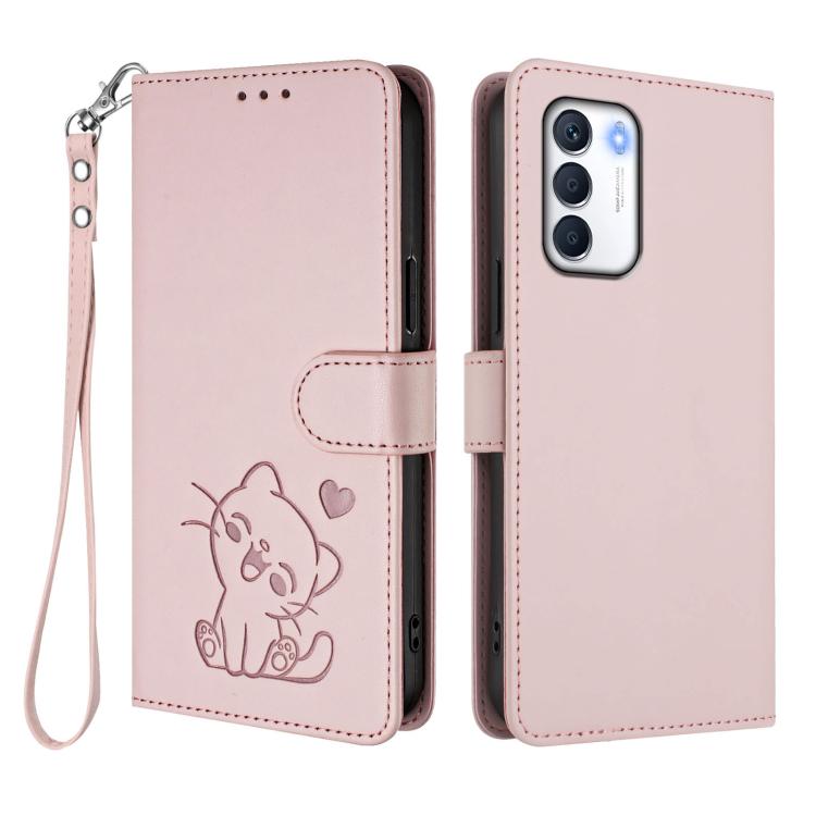 For Infinix Zero 5G 2023 Embossed Heart Cat Leather Phone Case with Hand Strap