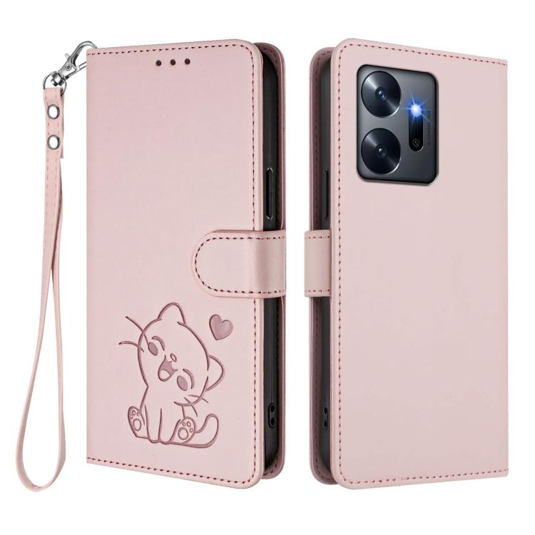 For Infinix Zero 20 Embossed Heart Cat Leather Phone Case with Hand Strap