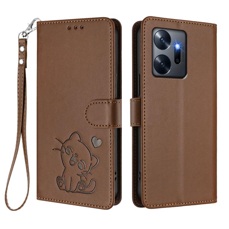 For Infinix Zero 20 Embossed Heart Cat Leather Phone Case with Hand Strap