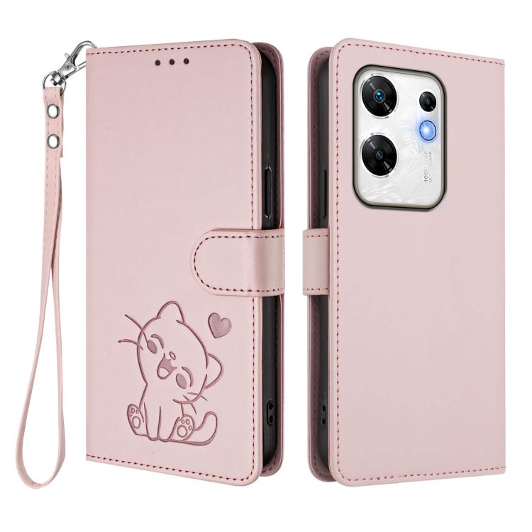 For Infinix Zero 30 4G Embossed Heart Cat Leather Phone Case with Hand Strap