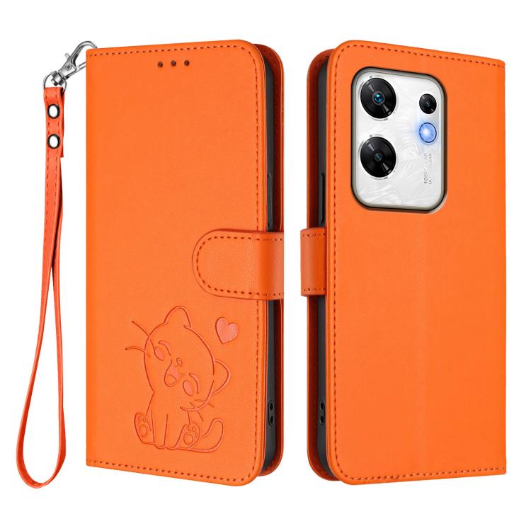 For Infinix Zero 30 4G Embossed Heart Cat Leather Phone Case with Hand Strap
