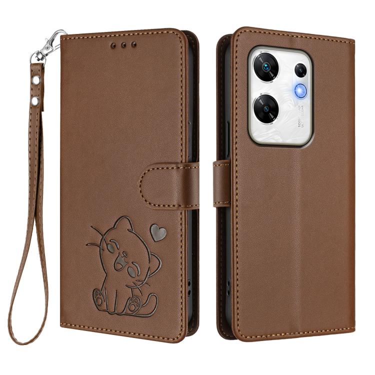 For Infinix Zero 30 4G Embossed Heart Cat Leather Phone Case with Hand Strap