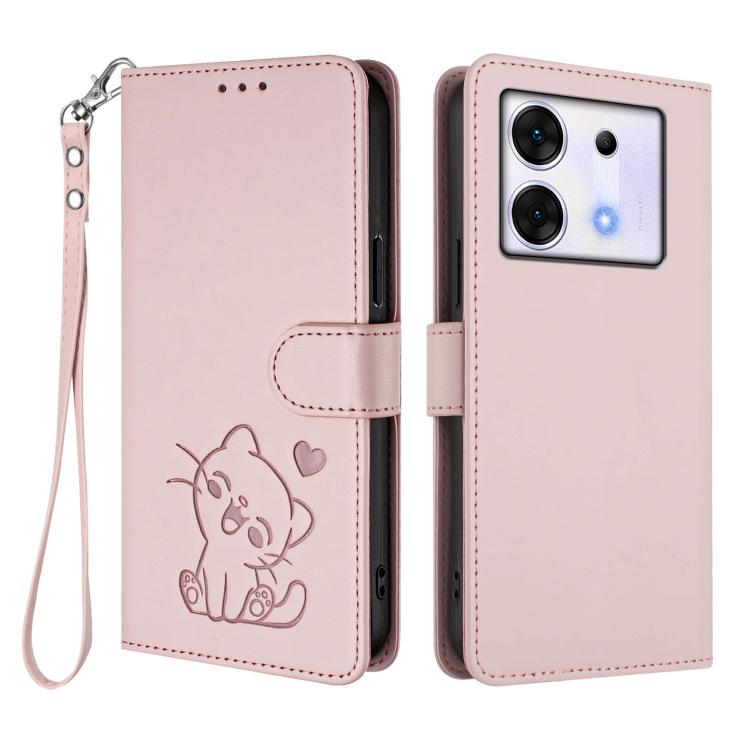 For Infinix Zero 30 5G Embossed Heart Cat Leather Phone Case with Hand Strap