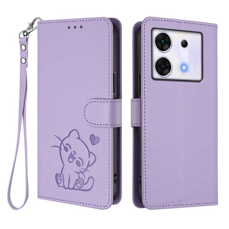 For Infinix Zero 30 5G Embossed Heart Cat Leather Phone Case with Hand Strap