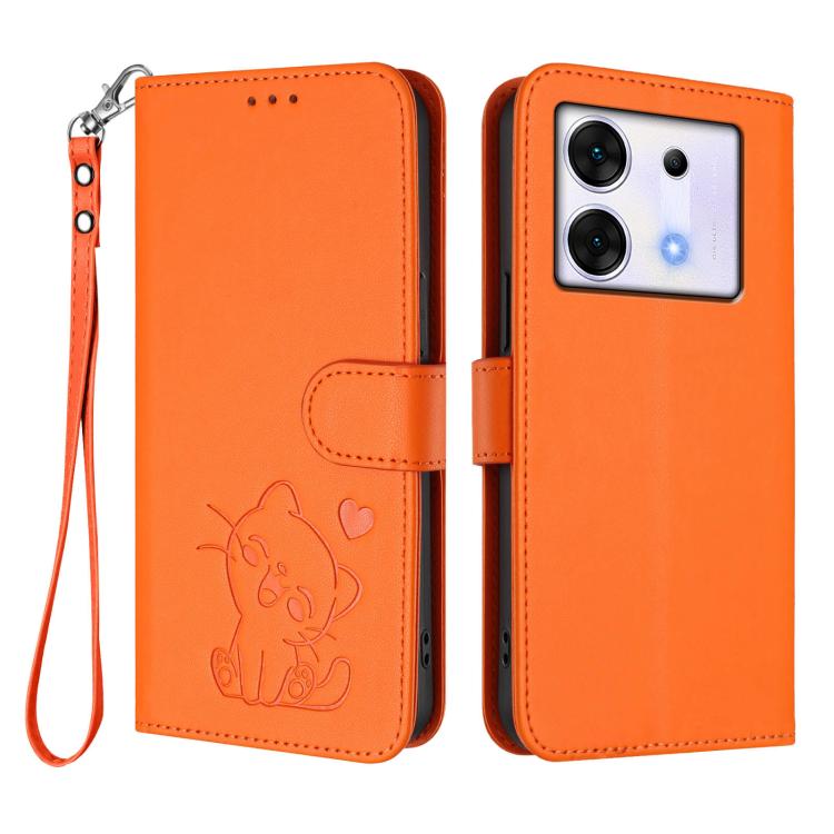 For Infinix Zero 30 5G Embossed Heart Cat Leather Phone Case with Hand Strap