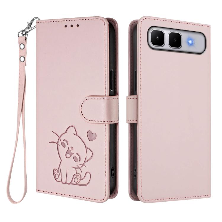 For Infinix Smart 10 Plus 4G Embossed Heart Cat Leather Phone Case with Hand Strap