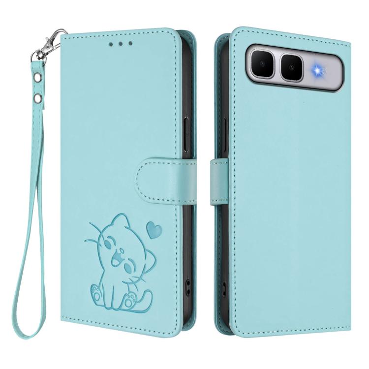 For Infinix Smart 10 Plus 4G Embossed Heart Cat Leather Phone Case with Hand Strap