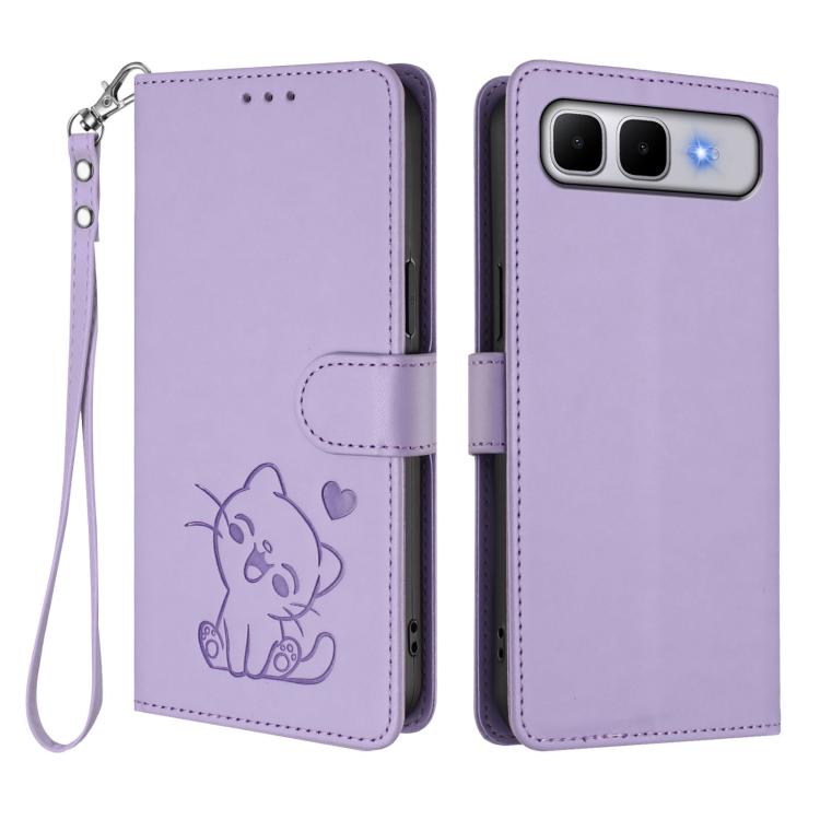 For Infinix Smart 10 Plus 4G Embossed Heart Cat Leather Phone Case with Hand Strap