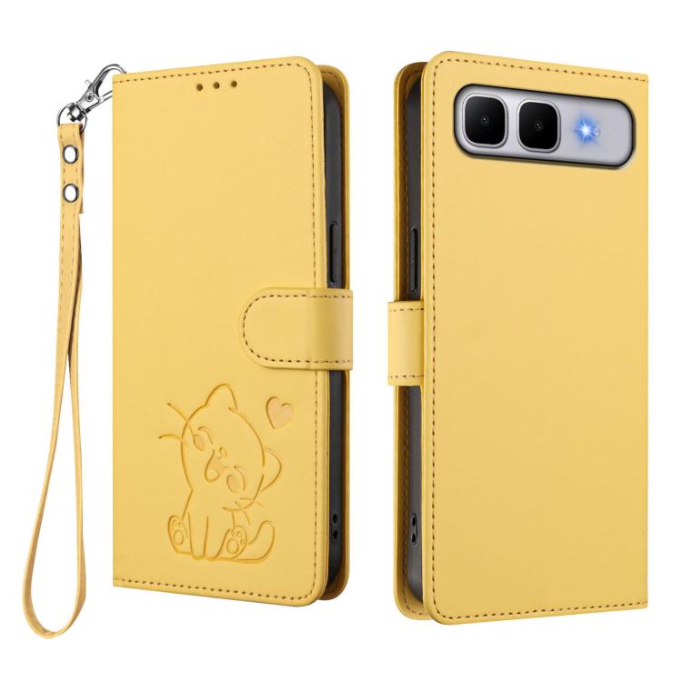 For Infinix Smart 10 Plus 4G Embossed Heart Cat Leather Phone Case with Hand Strap