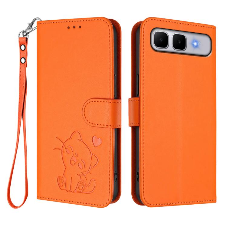 For Infinix Smart 10 Plus 4G Embossed Heart Cat Leather Phone Case with Hand Strap
