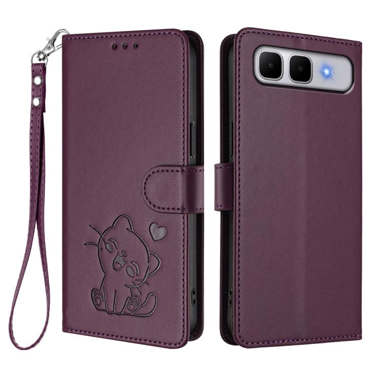 For Infinix Smart 10 Plus 4G Embossed Heart Cat Leather Phone Case with Hand Strap