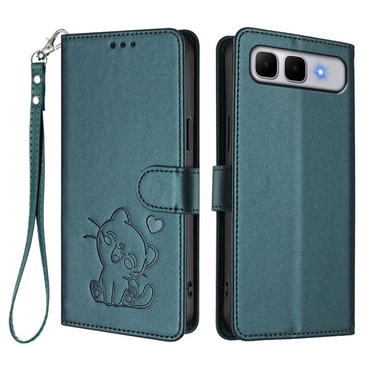 For Infinix Smart 10 Plus 4G Embossed Heart Cat Leather Phone Case with Hand Strap