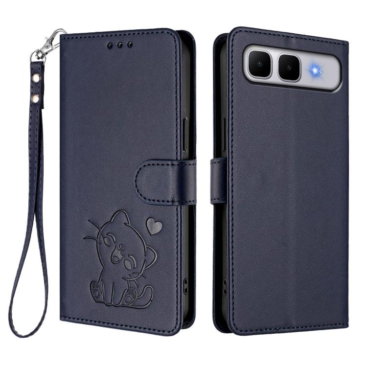 For Infinix Smart 10 Plus 4G Embossed Heart Cat Leather Phone Case with Hand Strap