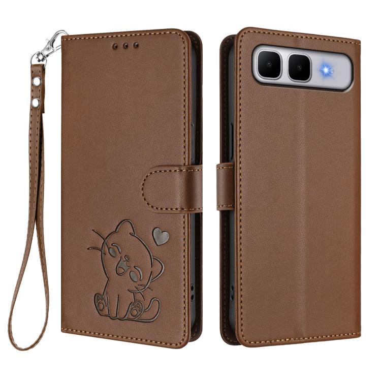 For Infinix Smart 10 Plus 4G Embossed Heart Cat Leather Phone Case with Hand Strap