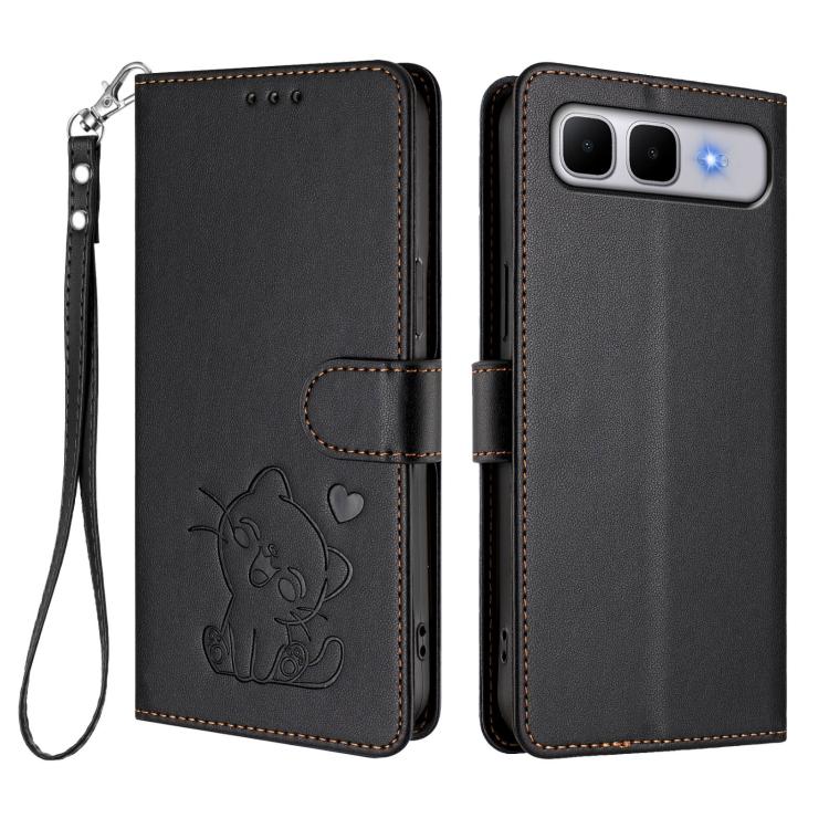 For Infinix Smart 10 Plus 4G Embossed Heart Cat Leather Phone Case with Hand Strap