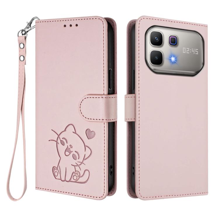 For Infinix Note 60 5G / Note 60 Pro 5G Embossed Heart Cat Leather Phone Case with Hand Strap
