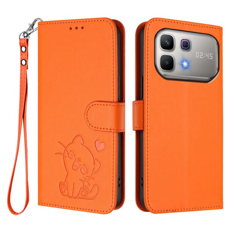 For Infinix Note 60 5G / Note 60 Pro 5G Embossed Heart Cat Leather Phone Case with Hand Strap