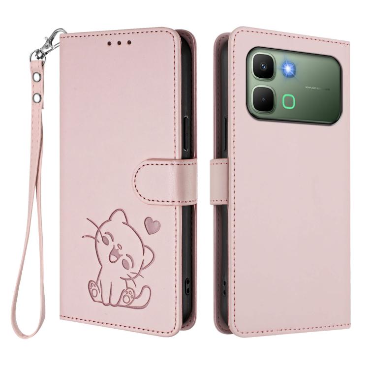 For Infinix Note Edge 5G Embossed Heart Cat Leather Phone Case with Hand Strap