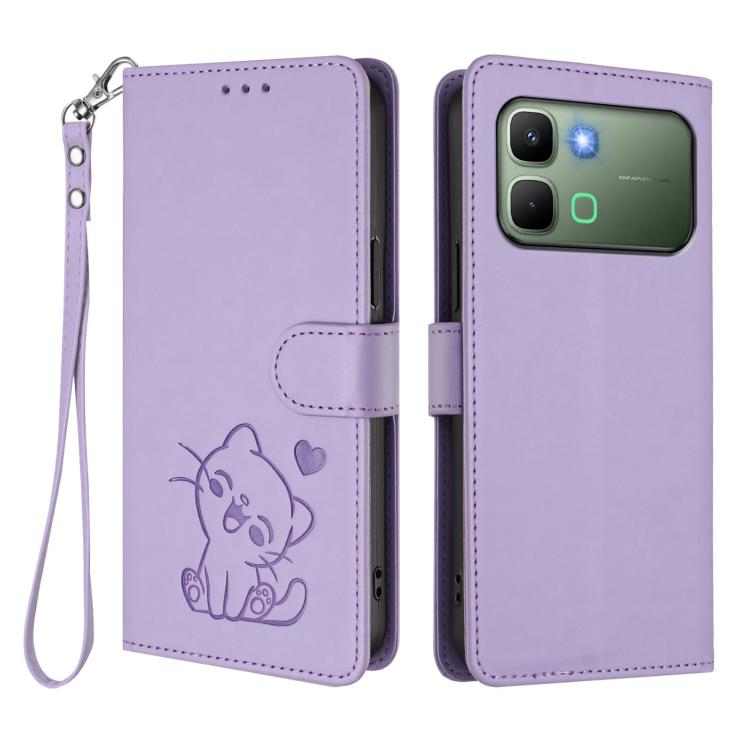 For Infinix Note Edge 5G Embossed Heart Cat Leather Phone Case with Hand Strap