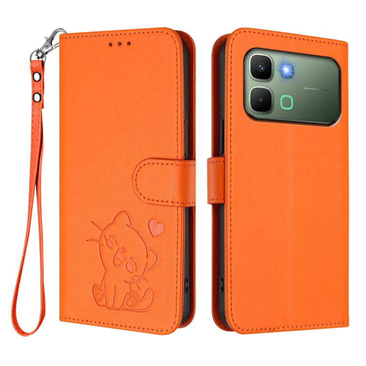 For Infinix Note Edge 5G Embossed Heart Cat Leather Phone Case with Hand Strap