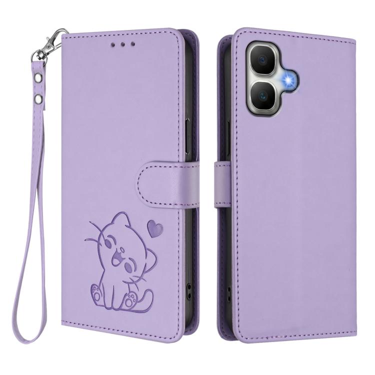 For Infinix Smart 20 4G Embossed Heart Cat Leather Phone Case with Hand Strap