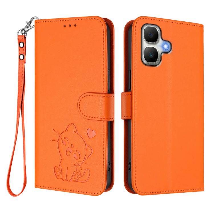 For Infinix Smart 20 4G Embossed Heart Cat Leather Phone Case with Hand Strap