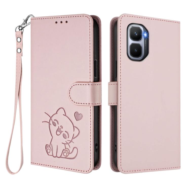 For Infinix GT 50 Pro 5G Embossed Heart Cat Leather Phone Case with Hand Strap