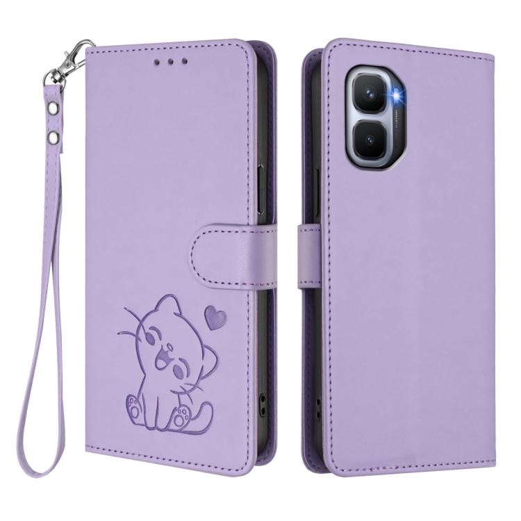 For Infinix GT 50 Pro 5G Embossed Heart Cat Leather Phone Case with Hand Strap