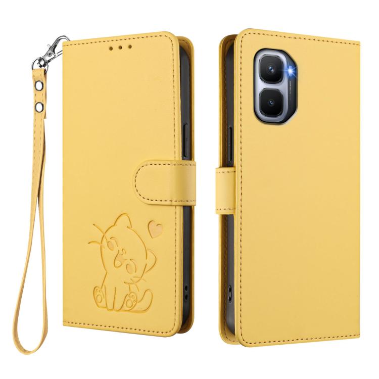 For Infinix GT 50 Pro 5G Embossed Heart Cat Leather Phone Case with Hand Strap