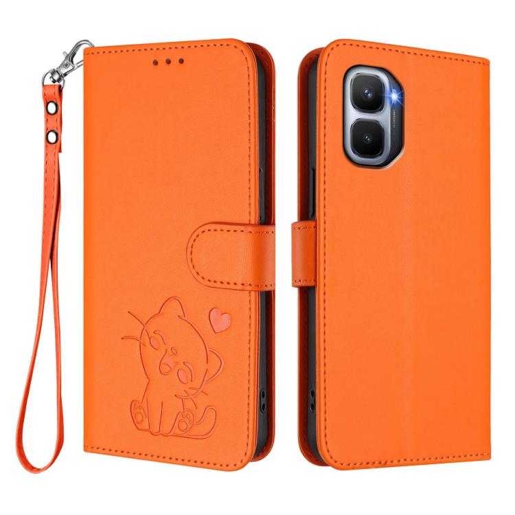 For Infinix GT 50 Pro 5G Embossed Heart Cat Leather Phone Case with Hand Strap