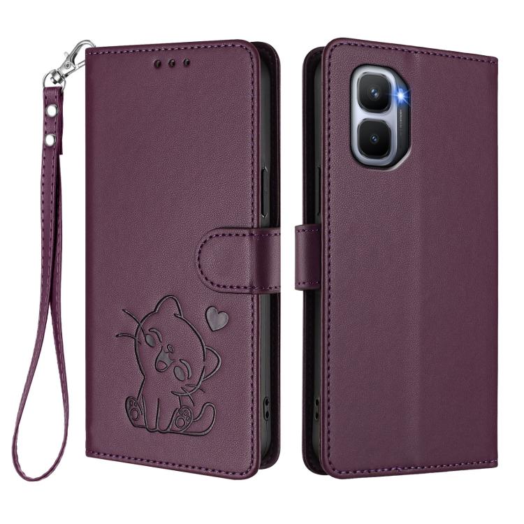 For Infinix GT 50 Pro 5G Embossed Heart Cat Leather Phone Case with Hand Strap