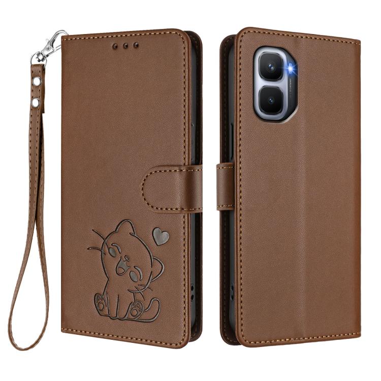 For Infinix GT 50 Pro 5G Embossed Heart Cat Leather Phone Case with Hand Strap
