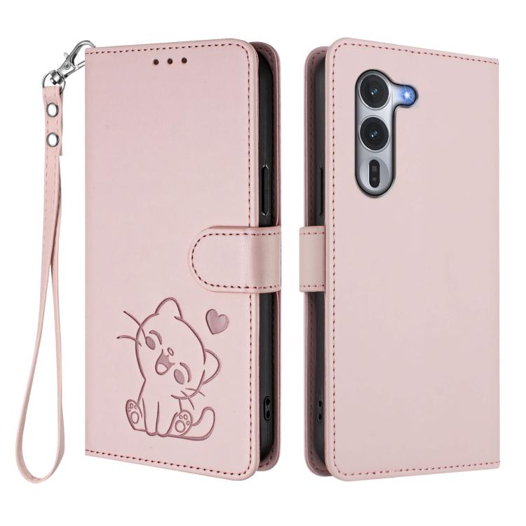 For Fujitsu Arrows Alpha F-51F Embossed Heart Cat Leather Phone Case with Hand Strap