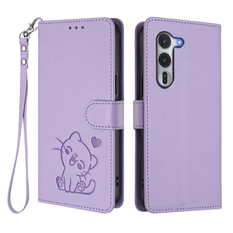 For Fujitsu Arrows Alpha F-51F Embossed Heart Cat Leather Phone Case with Hand Strap