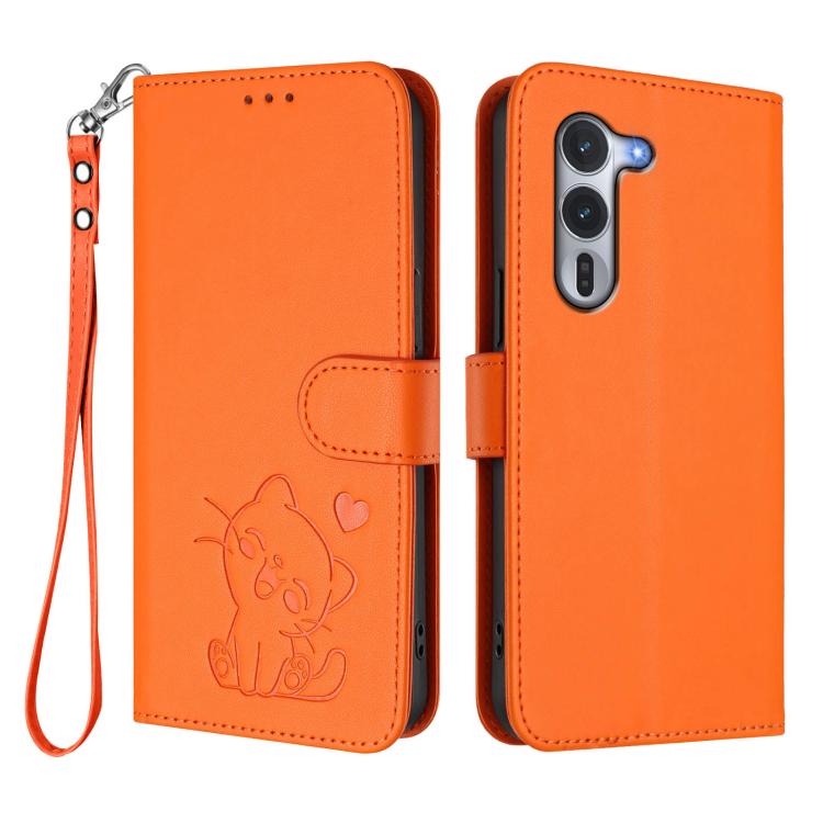 For Fujitsu Arrows Alpha F-51F Embossed Heart Cat Leather Phone Case with Hand Strap
