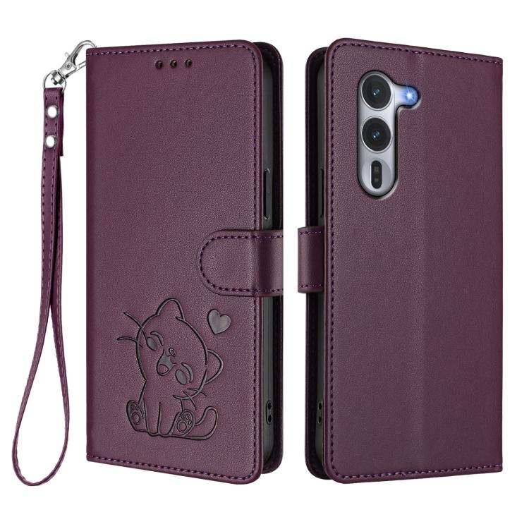 For Fujitsu Arrows Alpha F-51F Embossed Heart Cat Leather Phone Case with Hand Strap