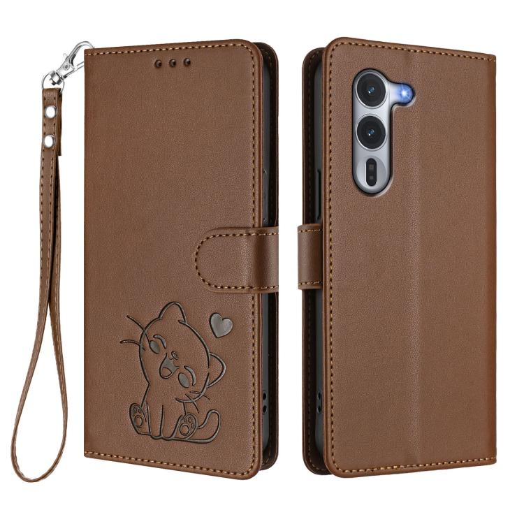For Fujitsu Arrows Alpha F-51F Embossed Heart Cat Leather Phone Case with Hand Strap