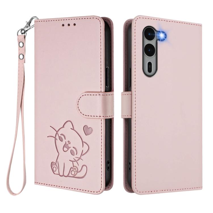 For Fujitsu Arrows We2 Plus Embossed Heart Cat Leather Phone Case with Hand Strap