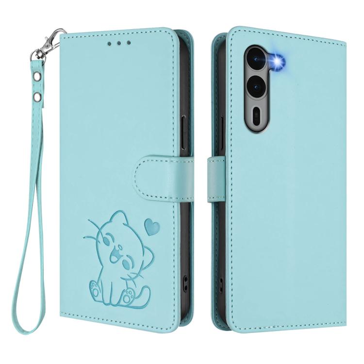 For Fujitsu Arrows We2 Plus Embossed Heart Cat Leather Phone Case with Hand Strap