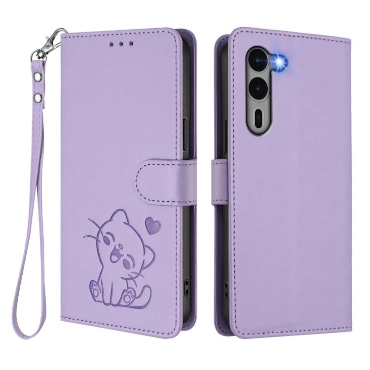 For Fujitsu Arrows We2 Plus Embossed Heart Cat Leather Phone Case with Hand Strap