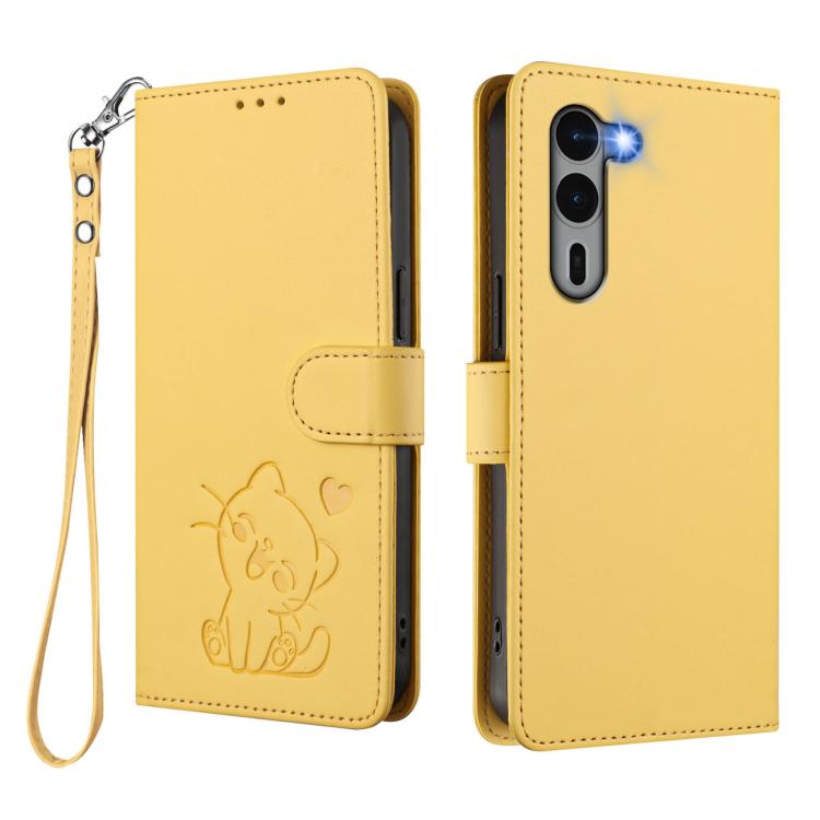 For Fujitsu Arrows We2 Plus Embossed Heart Cat Leather Phone Case with Hand Strap