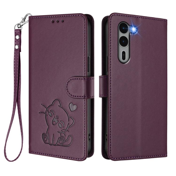 For Fujitsu Arrows We2 Plus Embossed Heart Cat Leather Phone Case with Hand Strap