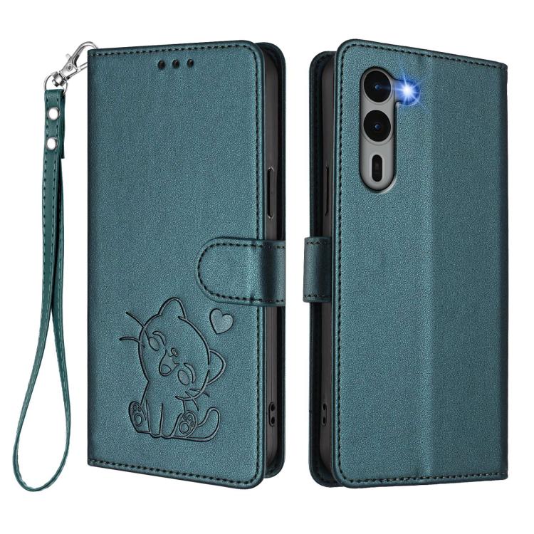 For Fujitsu Arrows We2 Plus Embossed Heart Cat Leather Phone Case with Hand Strap