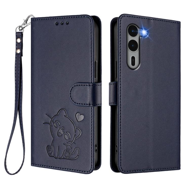 For Fujitsu Arrows We2 Plus Embossed Heart Cat Leather Phone Case with Hand Strap