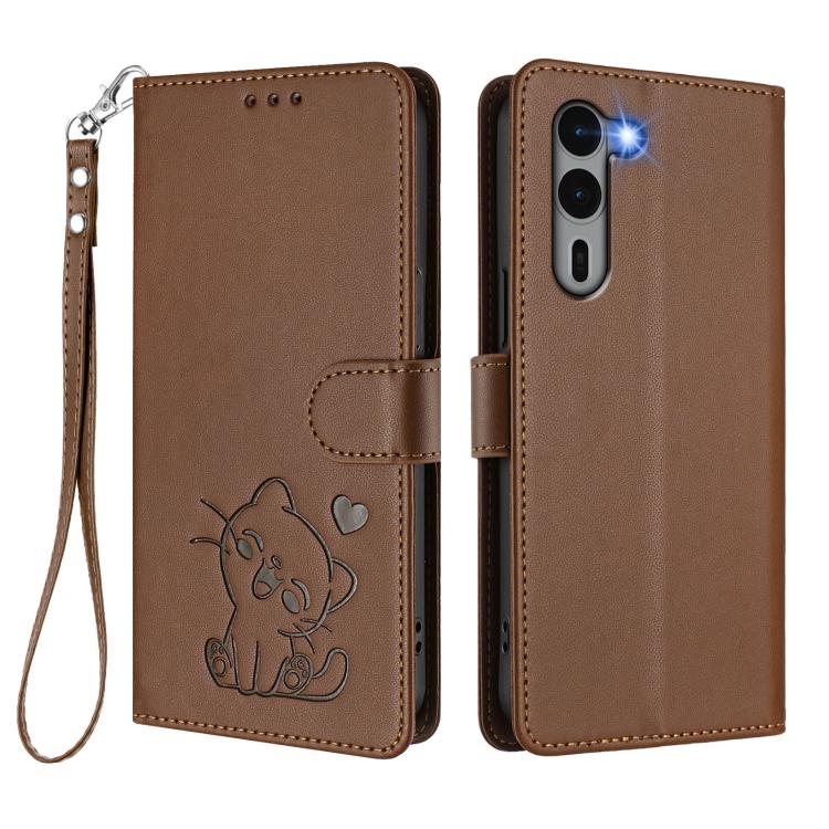 For Fujitsu Arrows We2 Plus Embossed Heart Cat Leather Phone Case with Hand Strap
